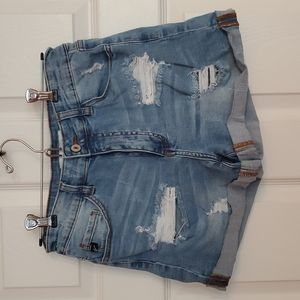 Distressed light wash jean shorts